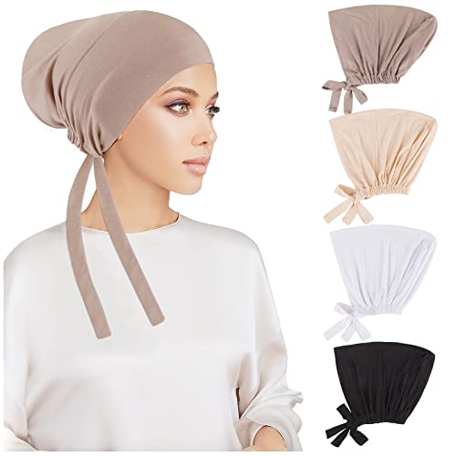 PHOGARY 4 Stück Frauen Undercap Hijab, Islamische Muslimische Unterschal Hijab Cap mit Tie Back Closure Solid Color Unter Schal Hijab Mütze Turban Kopfbedeckung Chemo Kopftuch Schlafmütze (C) von PHOGARY