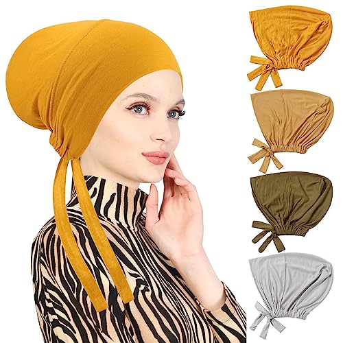 PHOGARY 4 Stück Frauen Undercap Hijab, Islamische Muslimische Unterschal Hijabcap mit Tie Back Closure Solid Color Unter Schal Hijab Mütze Turban Kopfbedeckung Chemo Kopftuch Schlafmütze (D) von PHOGARY