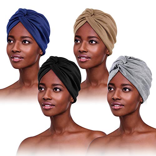 4 Stücke Turban für Damen,Verknotet Turban Tuch Falten-Kopfbedeckung Damen Kopftuch Damen Sommer Turban Mütze Damen Chemo Kopfbedeckung Hut Für Haarverlust Chemo Mit Blume Baumwollmütze, 4 Farben von PHOGARY