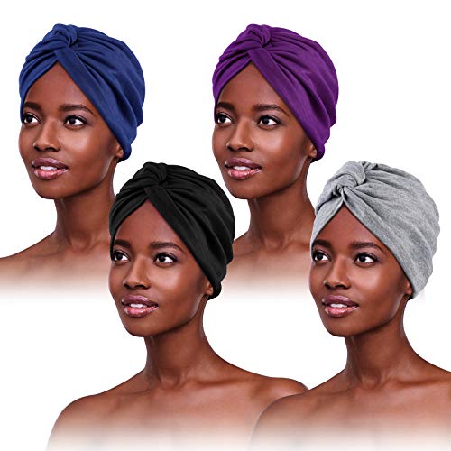 4 Stücke Turban für Damen,Verknotet Turban Tuch Falten-Kopfbedeckung Damen Kopftuch Damen Sommer Turban Mütze Damen Chemo Kopfbedeckung Hut Für Haarverlust Chemo Mit Blume Baumwollmütze, 4 Farben von PHOGARY