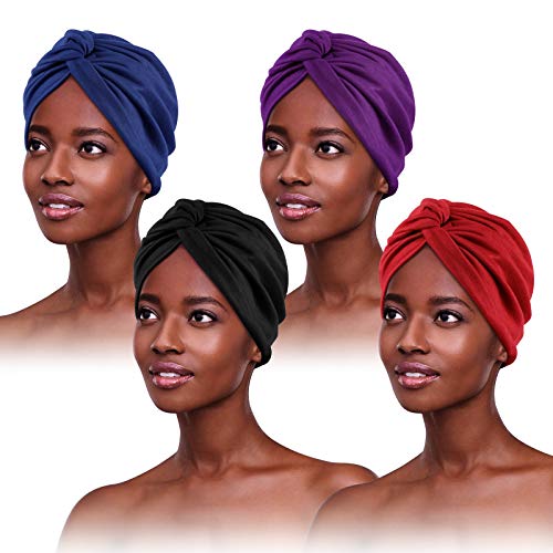 4 Stücke Turban für Damen,Verknotet Turban Tuch Falten-Kopfbedeckung Damen Kopftuch Damen Sommer Turban Mütze Damen Chemo Kopfbedeckung Hut Für Haarverlust Chemo Mit Blume Baumwollmütze, 4 Farben von PHOGARY