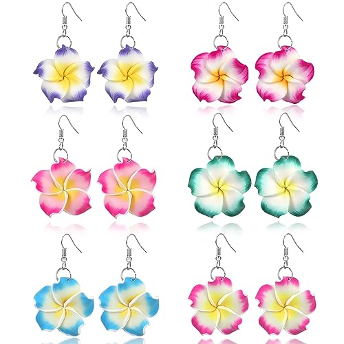 PHOGARY 6 Paar Blumen Ohrringe Bunt, Plumeria Ohrringe Set Geschenke für Damen, Hawaii Schmuck Clay Ohrring BFF Geschenke Hawaiian Urlaub Strand Hochzeit Ohrringe Hängend Hibiskusblüten Deko, C von PHOGARY