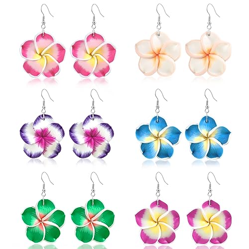 PHOGARY 6 Paar Blumen Ohrringe Bunt, Plumeria Ohrringe Set Geschenke für Damen, Hawaii Schmuck Clay Ohrring BFF Geschenke Hawaiian Urlaub Strand Hochzeit Ohrringe Hängend Hibiskusblüten Deko, B von PHOGARY