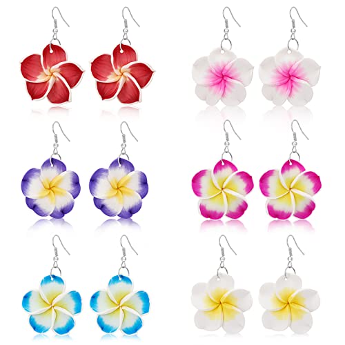 PHOGARY 6 Paar Blumen Ohrringe Bunt, Plumeria Ohrringe Set Geschenke für Damen, Hawaii Schmuck Clay Ohrring BFF Geschenke Hawaiian Urlaub Strand Hochzeit Ohrringe Hängend Hibiskusblüten Deko, A von PHOGARY