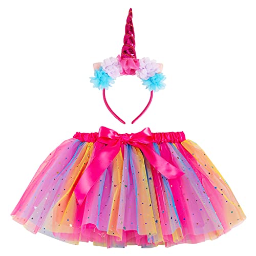 Tüllrock Kinder Mädchen Einhorn Prinzessin Kleid Fee Kostüm Röcke Tanz Rock Tutu Tulle Rock Rot Ballettrock Minirock Tanzkleid Geburtstag Party Halloween mit Rot Einhorn-Horn-Stirnband(3-6 Jahre) von PHOGARY