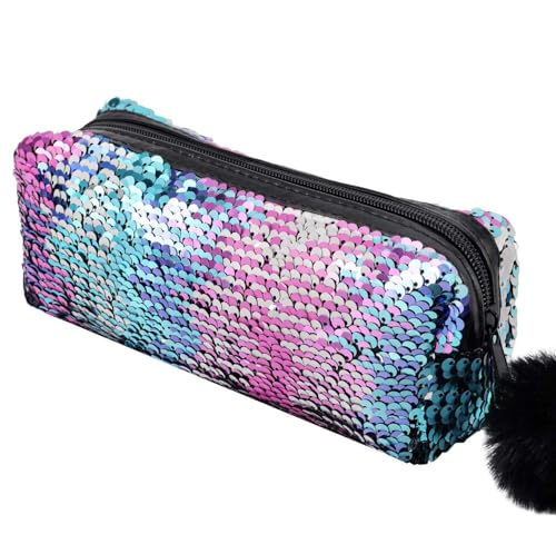 Meerjungfrau Pailletten Federmäppchen für Mädchen (reversible Farbe), Glitter Cosmetic Makeup Handtasche Geldbörse für Frauen mit Pompon Reißverschluss (Pink Blue gemischt mit Silber) von PHOGARY