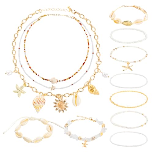 PHOGARY 12 Stück Muschelkette für Damen, Muschel Armband Armbänder Set, Boho Muschel Schmuck, Boho-Perlen-Fußkettchen, Fußbänder mit echten Kauri Muscheln, Meerjungfrau Schmuck von PHOGARY