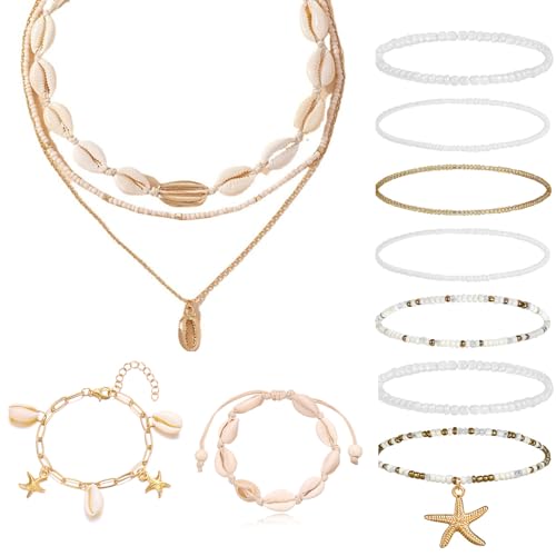 PHOGARY 12 Stück Muschelkette für Damen, Muschel Armband Armbänder Set, Boho-Perlen-Fußkettchen, Boho Muschel Schmuck, Fußbänder mit echten Kauri Muscheln, Meerjungfrau Schmuck von PHOGARY