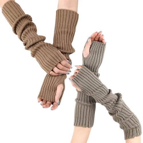 PHOGARY 2 Paar Lange Halb Fingerlose Handschuhe Damen, Winter Armstulpen Damen Warme Gestrickte Armwärmer Lange Pulswärmer Damen mit Fingerlöchern Handstulpen Arm Warmers für Herbst Winter, B von PHOGARY