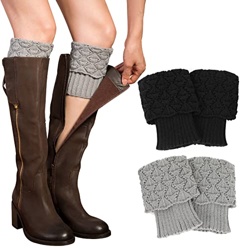 PHOGARY 2 Paare Stulpen Damen Winter Beinwärmer, Stricken Häkelarbeit Kurze Knopf Leg Warmers Mädchen Stiefel Boot Abdeckung für Winterwärmer (Schwarz + Grau) von PHOGARY