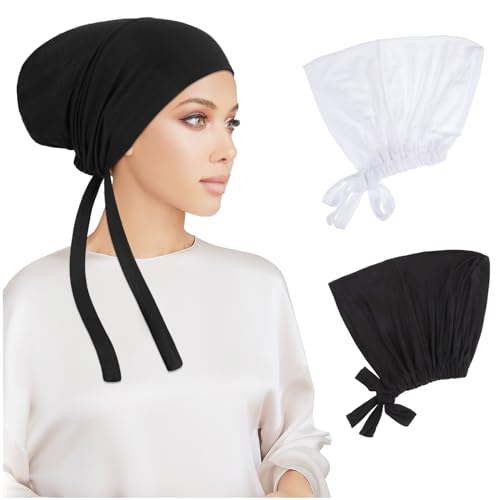 PHOGARY 2 Stück Frauen Undercap Hijab, Islamische Muslimische Unterschal Hijabcap mit Tie Back Closure Solid Color Unter Schal Hijab Mütze Turban Kopfbedeckung Chemo Kopftuch Schlafmütze (C) von PHOGARY