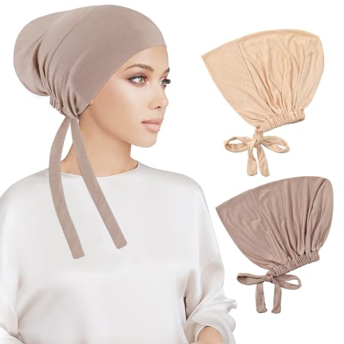 PHOGARY 2 Stück Frauen Undercap Hijab, Islamische Muslimische Unterschal Hijabcap mit Tie Back Closure Solid Color Unter Schal Hijab Mütze Turban Kopfbedeckung Chemo Kopftuch Schlafmütze (E) von PHOGARY