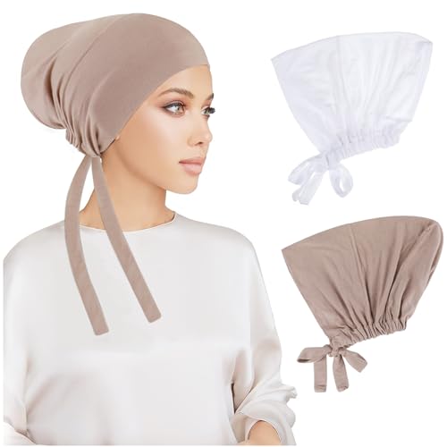 PHOGARY 2 Stück Frauen Undercap Hijab, Islamische Muslimische Unterschal Hijabcap mit Tie Back Closure Solid Color Unter Schal Hijab Mütze Turban Kopfbedeckung Chemo Kopftuch Schlafmütze (D) von PHOGARY