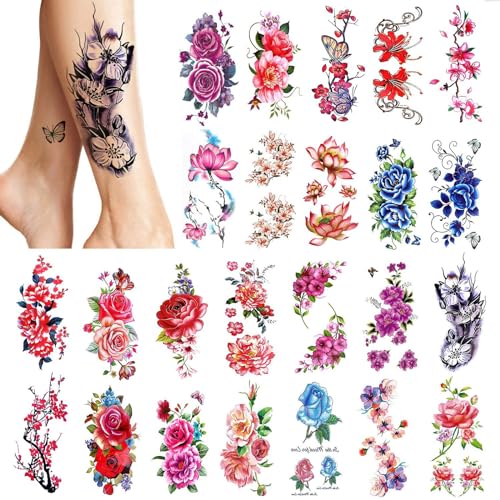 PHOGARY 24 Stück Frauen Temporäre Tattoos (große Blumen), bunte gefälschte Tattoo-Aufkleber, wasserdichte Body Art Aufkleber für Mädchen Arme Beine Schulter Rücken von PHOGARY