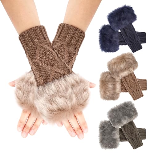 PHOGARY 3 Paar Halb Fingerlose Handschuhe, Winter Armstulpen Damen Kunstpelz Warme Strickhandschuhe Handschuhe mit Fingerlöchern Halb Handstulpen Pulswärmer für Herbst Winter Draußen und Drinnen, C von PHOGARY