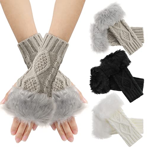 PHOGARY 3 Paar Halb Fingerlose Handschuhe, Winter Armstulpen Damen Kunstpelz Warme Strickhandschuhe Handschuhe mit Fingerlöchern Halb Handstulpen Pulswärmer für Herbst Winter Draußen und Drinnen von PHOGARY