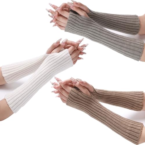 PHOGARY 3 Paar Lange Halb Fingerlose Handschuhe Damen, Winter Armstulpen Warme Stricken Armwärmer Mit Fingerlöchern Handstulpen Arm Warmers für Herbst Winter, B von PHOGARY