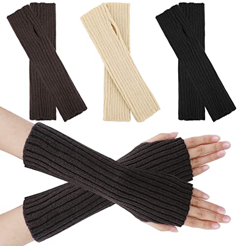 PHOGARY 3 Paar Lange Halb Fingerlose Handschuhe Damen, Winter Armstulpen Damen Warme Stricken Armwärmer Lange Pulswärmer Damen mit Fingerlöchern Handstulpen Arm Warmers für Herbst Winter von PHOGARY