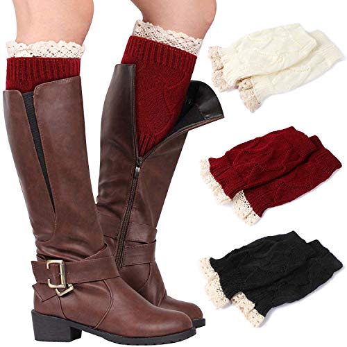 PHOGARY 3 Paare Stulpen Damen Winter Beinwärmer mit Spitzenbesatz, Stricken Häkelarbeit Kurze Leg Warmers Mädchen Stiefel Boot Abdeckung für Winterwärmer von PHOGARY