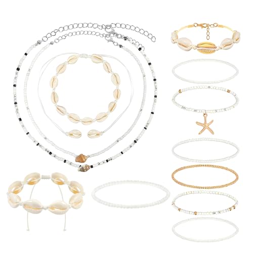 PHOGARY 12 Stück Muschelkette, Muschel Halskette Armband Set mit Boho Choker Kette Damen Böhmischer Stil Perlenarmband Set Fußkette Muschel Dekor Boho Schmuck PHOGARY 12 Stück Muschelkette, Muschel Halskette Armband Set mit Boho Choker Kette Damen Böhmischer Stil Perlenarmband Set Fußkette Muschel Dekor Boho Schmuck von PHOGARY