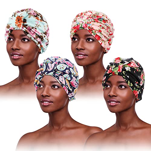 PHOGARY 4 Stück Turban für Damen, Verknotet Turban Damen Plissee Blumenmuster Turban Mütze Damen Kopfbedeckung Damen Kopftuch Damen Kopfwickel Turban für Damen Haarausfall Hut Chemo Kopfbedeckung von PHOGARY