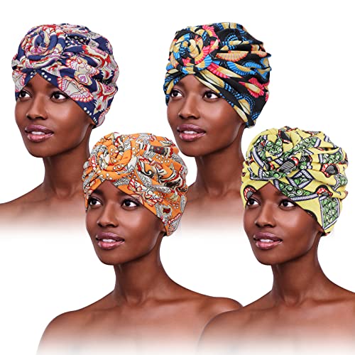 PHOGARY 4 Stück Turban für Damen, Weich Verknotet Turban Damen Turban Mütze Damen Plissee Kopfbedeckung Damen Kopftuch Damen Kopfwickel Turban für Damen Haarausfall Hut Chemo Kopfbedeckung von PHOGARY