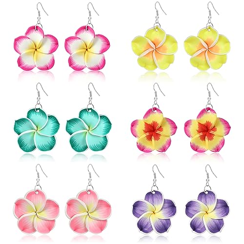 PHOGARY 6 Paar Blumen Ohrringe Bunt, Plumeria Ohrringe Set Geschenke für Damen, Hawaii Schmuck Clay Ohrring BFF Geschenke Hawaiian Urlaub Strand Hochzeit Ohrringe Hängend Hibiskusblüten Deko, D von PHOGARY