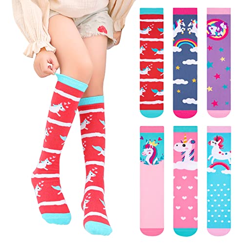 PHOGARY 6 Paar Kniestrümpfe für Mädchen, Niedliche Einhorn-Socken, Bunte Socken Kinder, Warme Kniestrümpfe Kinder, Mittlere Wadenlänge, Lange Kniestrümpfe Mädchen von 3 bis 12 Jahren, Einheitsgröße von PHOGARY