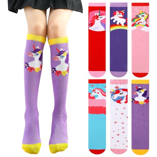 PHOGARY 6 Paar Kniestrümpfe für Mädchen, Niedliche Socken Bunte Socken Kinder, Warme Kniestrümpfe Kinder, Mittlere Wadenlänge, Lange Kniestrümpfe Mädchen von 3 bis 12 Jahren, Einheitsgröße (Einhorn-B) von PHOGARY