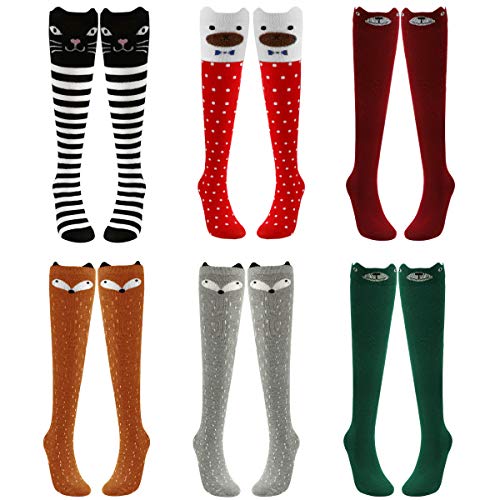 PHOGARY 6 Paar Kniestrümpfe für Mädchen 3-10 Jahre, Kinder Lustige Socken Baumwolle, Kindersocken Overknee | Muster: Katze, Fuchs, Bär, Einheitsgröße 42cm von PHOGARY