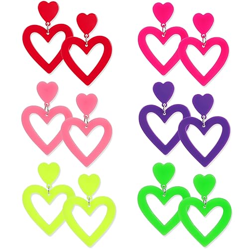 PHOGARY 80er Jahre Neon Ohrringe, 6 Paare Acryl Doppel Herz Ohrringe Bunte Statement Ohrringe für Damen, 70er Neon Schmuck Party Kostümzubehör für Kinder Mädchen Valentinstags Geschenk von PHOGARY