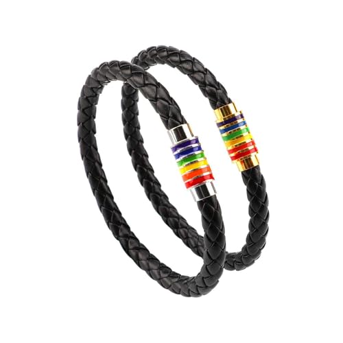 PHOGARY Gay Pride Armband LGBT Regenbogen Armband (2 Stück), Paar Schwarz Leder Armband Herren Damen Armband mit Regenbogen gestreift Edelstahl Magnetverschluss 22cm von PHOGARY