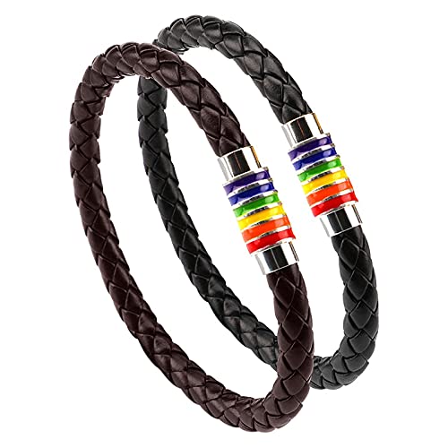 PHOGARY Gay Pride Armband Regenbogenarmband (2stk, schwarz, braun) Lederarmband für Paare, Herren, Damen, LGBT-Armreif mit Regenbogenstreifen aus Edelstahl mit Magnetverschluss, Edelstahl Kunstleder von PHOGARY