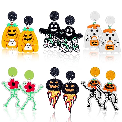 PHOGARY Halloween Ohrringe, Halloween Festtags Gespenster Ohrringe für Damen, Glitzernde Acryl Kürbis Ohrring Set, Niedliches Halloween Schmuck Geschenk in 6 Stilen für Mädchen von PHOGARY