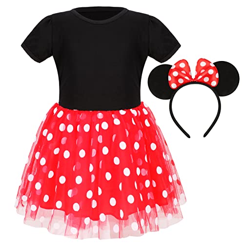 PHOGARY Minnie Mouse Kostüm Kinder Welttag des Buches Kostüme für Mädchen, Maus Kostüm Mit Haarreifer Minnie Maus, Halloween Geburtstagsparty Mini Polka Dot Tüllrock von PHOGARY