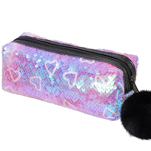 PHOGARY Pailletten Preppy Bleistifttasche für Mädchen, Flauschiger Reißverschluss-Anhänger Beuteltasche Holographische Stifttasche Funkelndes Schulmaterial Glitzer Kosmetiktasche (Lila, Herz) von PHOGARY