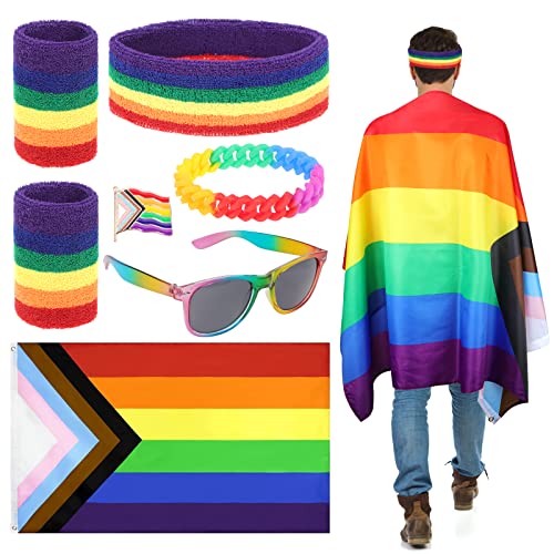 PHOGARY Pride Flag Cape Set, 6 Stück LGBTQ Lesben Gay Pride Zubehör Einschließlich Pride Flag Regenbogen Stirnband Armbänder Sonnenbrillen Armband Pride Abzeichen für Pride Parade Gay Pride Festivals von PHOGARY