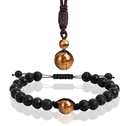 PHOGARY Tigerauge Armband Anhänger Kette, Herren Lavastein Armband Herrenarmbänder, Naturstein Anhänger Armbänder Set Geburtstagsgeschenk für Männer von PHOGARY