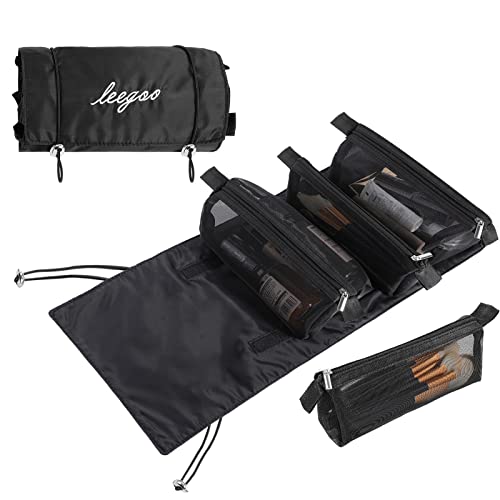 Schwarz Reise Netzbeutel Kosmetiktasche Damen, Abnehmbare 4-in-1-Kosmetiktaschen zum Aufhängen, Aufrollbare Organizer-Tasche, Make up Organizer für Damen & Herren von PHOGARY