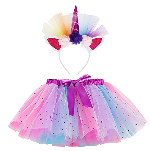 Tüllrock Kinder Mädchen Einhorn Prinzessin Kleid Fee Kostüm Röcke Tanz Rock Tutu Tulle Rock Rot Ballettrock Minirock Tanzkleid Geburtstag Party Halloween mit Lila Einhorn-Horn-Stirnband(3-6 Jahre) von PHOGARY