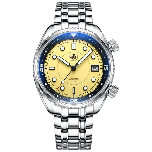 PHOIBOS Eagle Ray 200M Herren-Automatik-Taucheruhr mit Innenlünette und Doppelkrone, Pastellgelb, PY048F von PHOIBOS