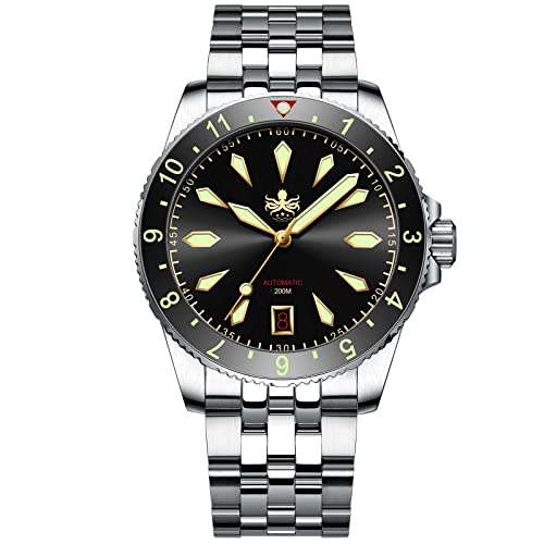 PHOIBOS Voyager Herren-Automatik-Taucheruhr Gehäuse und Armband aus Edelstahl 316L mit 200m Wasserdichtigkeit PY035C Schwarz von PHOIBOS