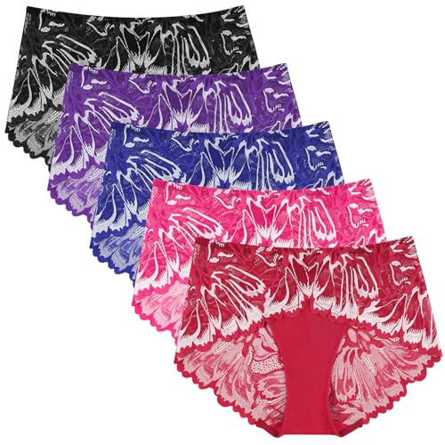 PHOLEEY Spitzen Unterwäsche Frauen Sexy Unterhosen Damen Slips Bequeme Atmungsaktiv Spitze Höschen Hipster Dessous 5er Pack,L von PHOLEEY