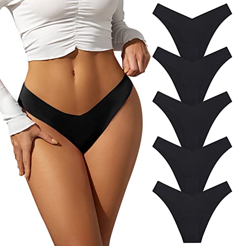 PHOLEEY Unterhosen Damen Seamless Slips Nahtlos Hipster Brazilian Slip Stretch Weich Sexy Unterwäsche Frauen Bikini Paties Unsichtbar Atmungsaktiv Schwarz Taillenslips 5er Pack,L von PHOLEEY