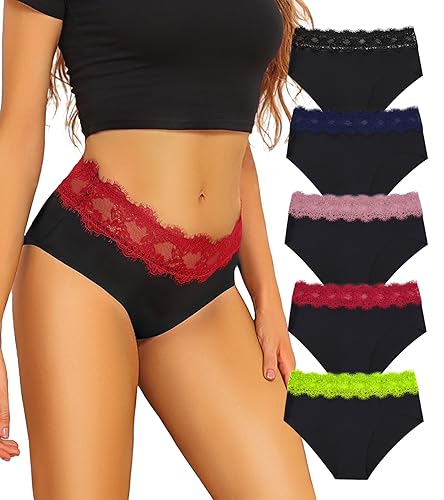 PHOLEEY Damen Unterhosen Spitze Slip Bequeme Hipster Unterwäsche Frauen Plus Size Weich Atmungsaktiv Sexy Bikini Panties 5er Pack,L von PHOLEEY