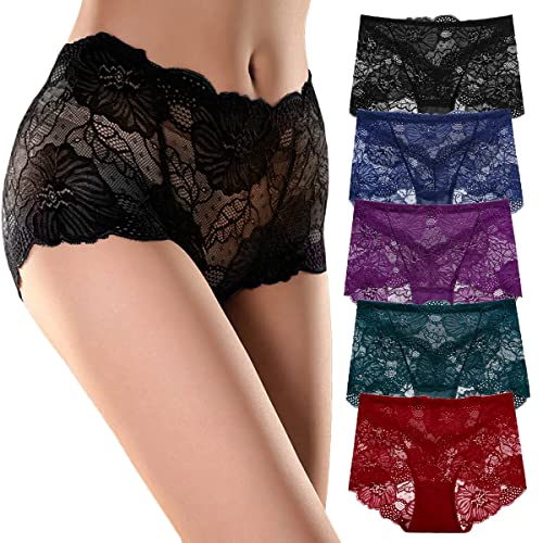 PHOLEEY Unterhosen Damen Spitze Unterwäsche Frauen Hipster Stretch Slips Weiche Bequeme Atmungsaktive Panties für Frauen 5er Pack, L von PHOLEEY