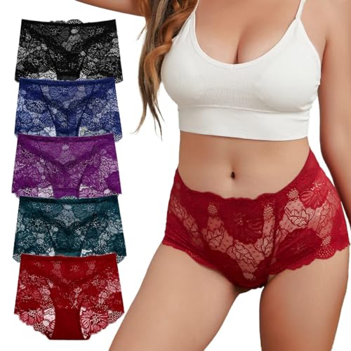 Pholeey Damen Sexy Unterwäsche Spitze Höschen Hohe Taille Übergröße Damen Slip für Damen 5er-Pack, 5 Stück, Medium von PHOLEEY