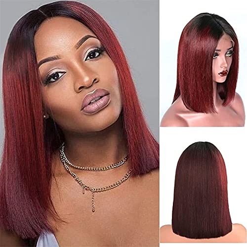 Perücken Haar Perücke Omber Bunte gerade kurze Bob Perücke 13 × 4 Lace Front Perücken Echthaar mit dunklen Wurzeln kompatibel mit schwarzen und weißen Frauen Party Cosplay oder Alltagskleidung Mode Pe von PHONME