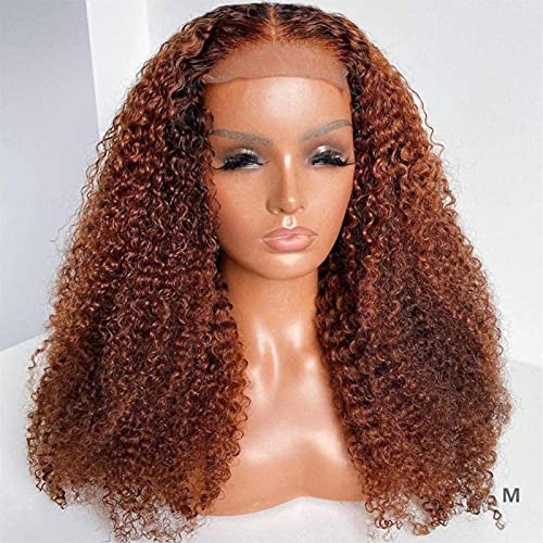 Perücken Haarperücke 13 4 Lace Front Echthaarperücken kompatibel mit Frauen # 27 Farbe verworrene lockige Perücke vorgezupfte 150% Dichte Haarperücke Mode Perücken (Color : A, Size : 14 Inch) von PHONME