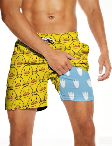 PIANHAUE Herren-Badehose mit Kompressionsfutter, 12,7 cm Schrittlänge, schnell trocknend, Badeanzug, Board-Shorts mit 4 Taschen, Gelbe Ente und Pfotenabdruck, 4X-Large von PIANHAUE